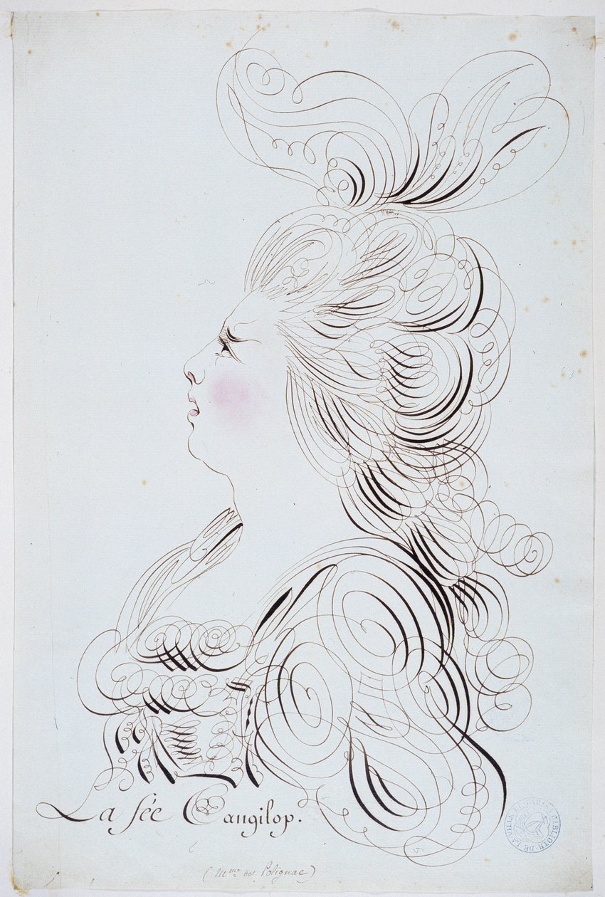 Fransk kalligrafi: Portræt af prinsessen af Polignac i ansigtet forstærket med akvarel af Bernard de Paris omkring 1780. Historisk bibliotek i byen Paris. af French School