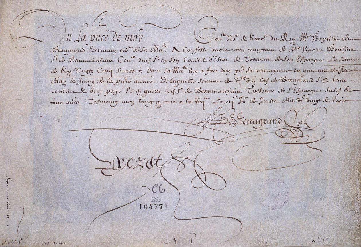 Fransk kalligrafi: Recu til fordel for Bernard de Beaugrand leverer den 2. juli 1623. Historisk bibliotek i byen Paris. af French School