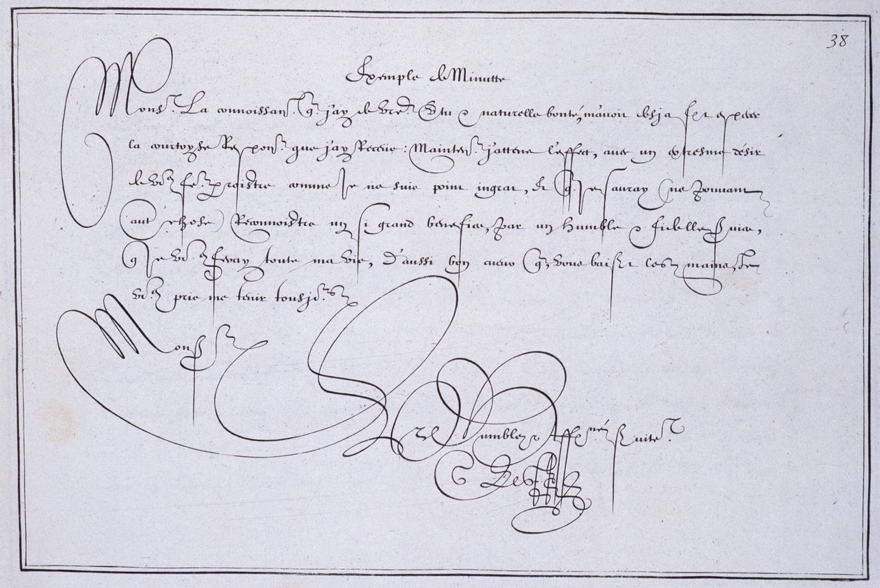 Fransk kalligrafi: Teknografi, "" eksempel på minut"" af Guillaume Le Gangneur omkring 1599. Historisk bibliotek i byen Paris. af French School