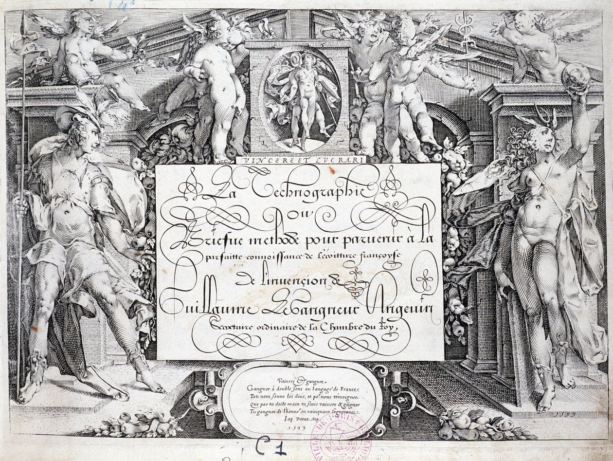 Fransk kalligrafi: Teknografi, frontispice af Guillaume the Gangneur omkring 1599. Historisk bibliotek i byen Paris. af French School