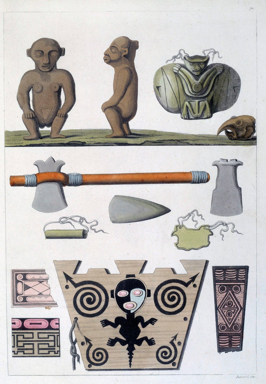 Franske kolonier: genstande fra Arawak, de første indbyggere på Martinique i Vestindien. Gravering af Chartres fra det 19. århundrede, Musee des Beaux Arts af French School