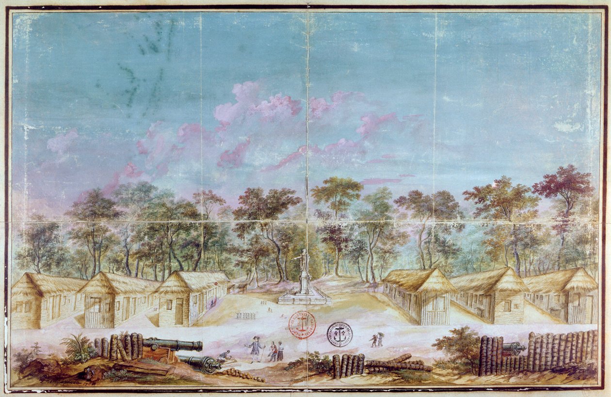 Franske kolonister bosatte sig på stranden i Kourou, Guyana i 1763 (wc på papir) af French School