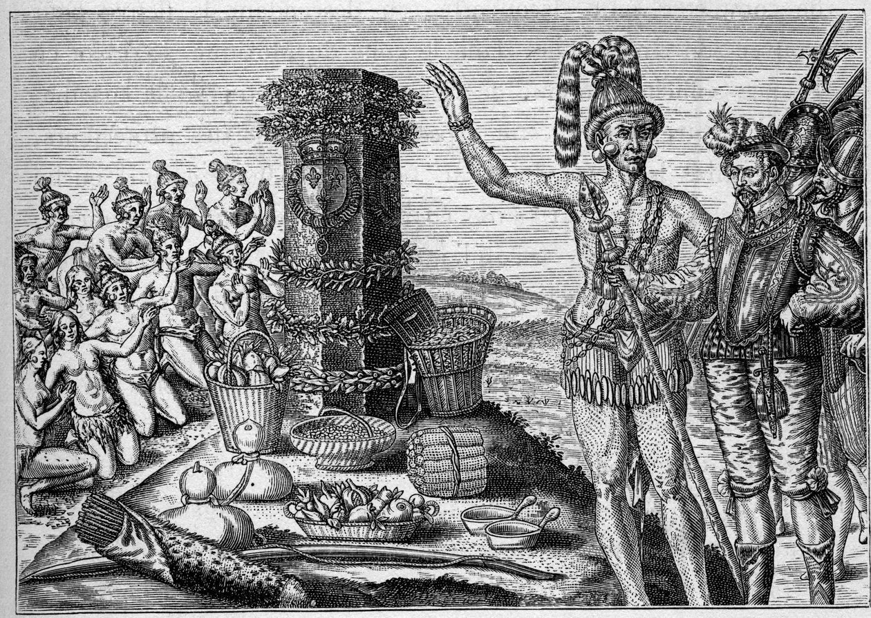 Fransk koloni i Amerika: Floridianerne elsker mindesøjlen erigee af Rene de Laudonniere til minde om de spanske angreb på de franske protestantiske kolonier i 1564. Fra en gravering fra det 16. århundrede. I "La Marine et les kolonier: handel" af French School
