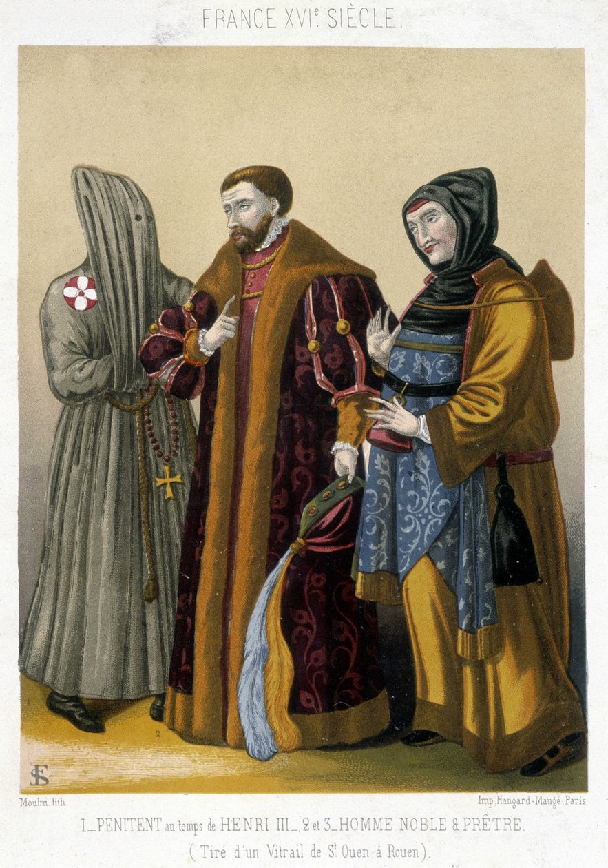 Franske kostumer i 1500-tallet: Til venstre en angrende, i midten en adelig og til højre en præst. Illustration af det 19. århundrede fra Saint Ouen til Rouen. af French School