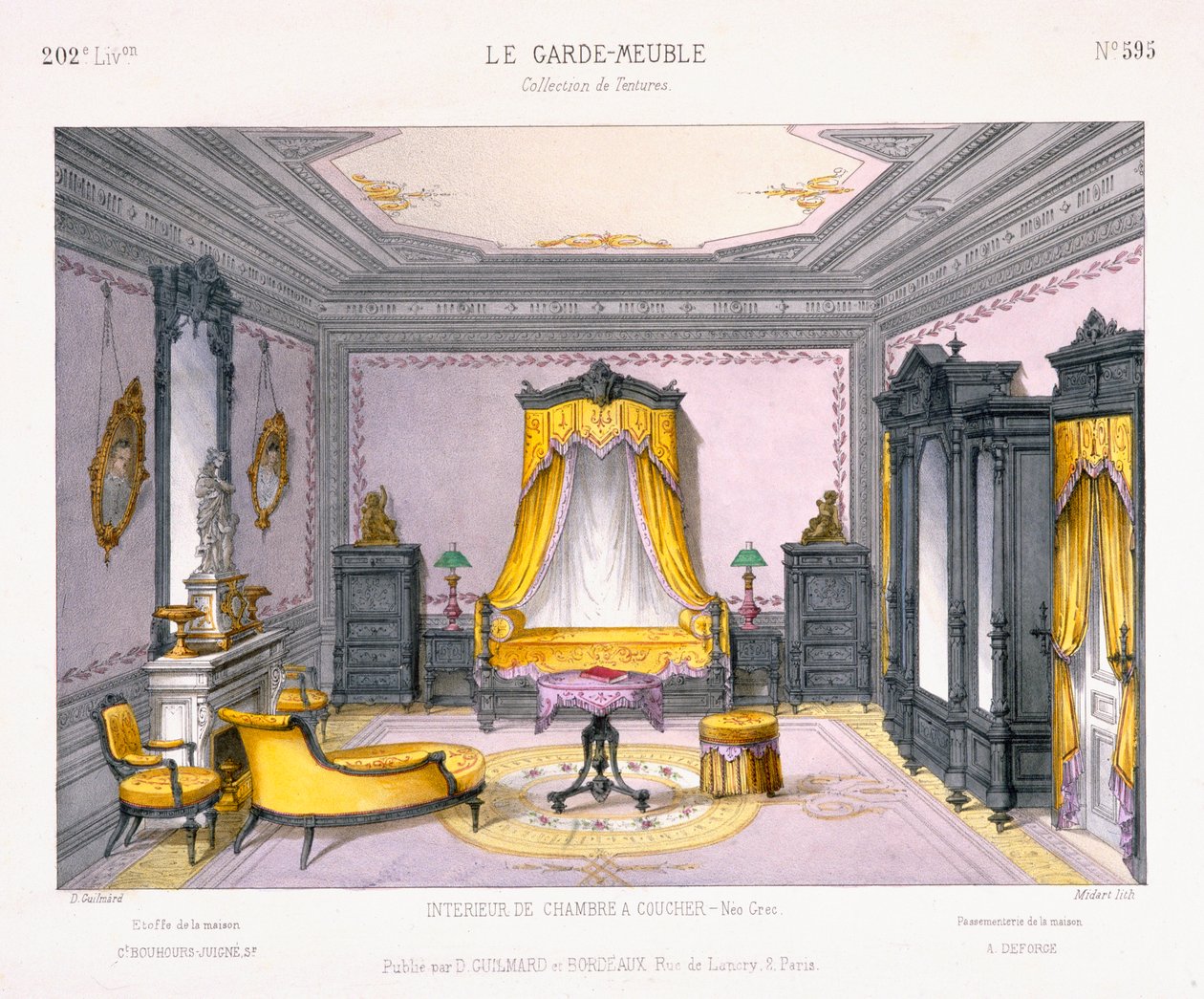 Fransk design til et interiør i et soveværelse i nygræsk stil fra Le Garde-Meuble mønsterbog, udgivet af D Guillard, Paris af French School