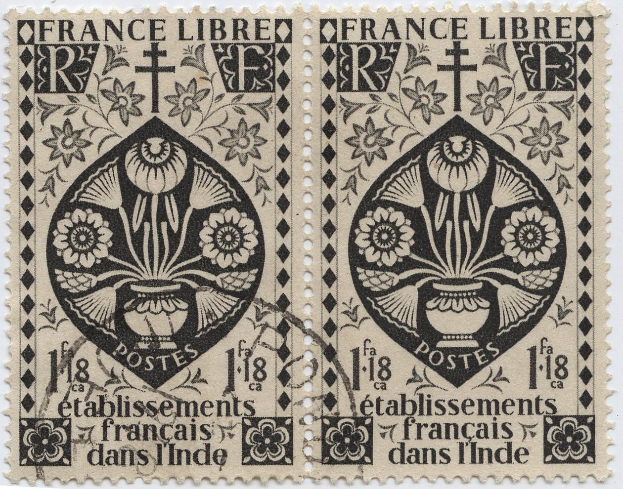 Franske etablissementer i Indien - FRANKRIG LIBRE og Korset af Lorraine - Frimærke 1942 af French School