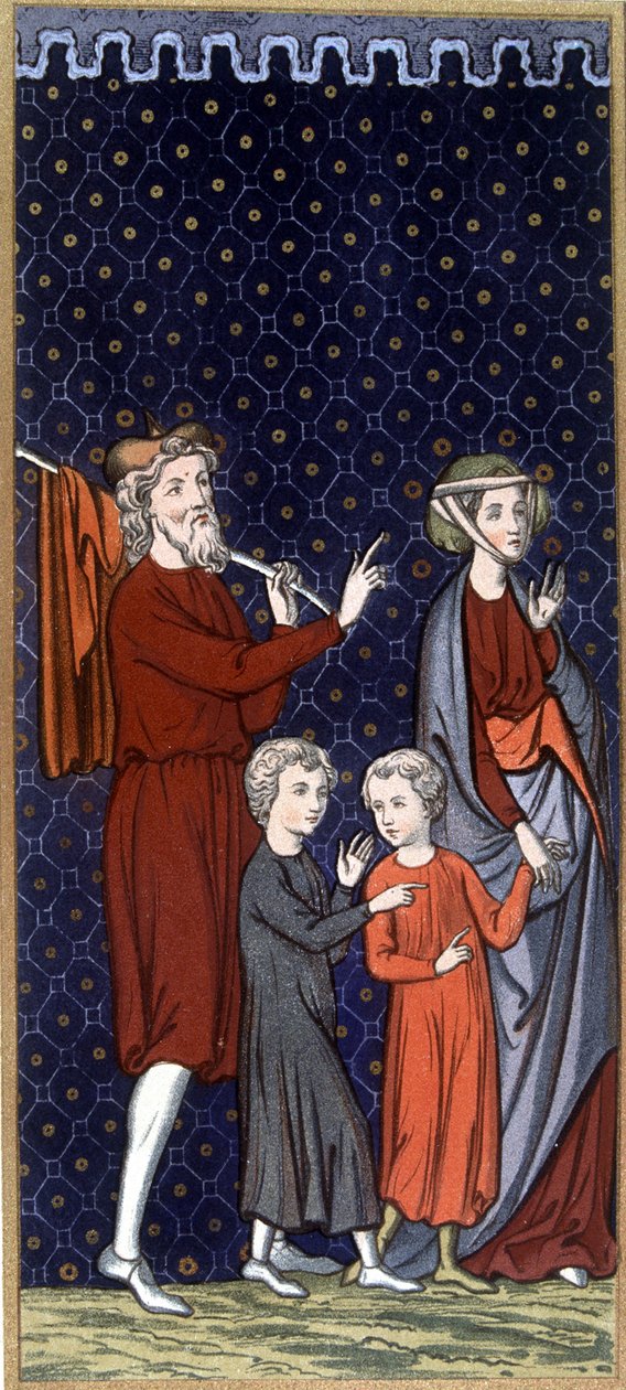 Fransk familie i det 14. århundrede - i "" Overdådig kunst af kostumer og møbler"", red. Mangard-Maugé af French School