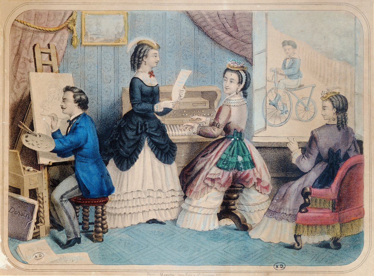 Fransk modeplade, der viser kunstneriske aktiviteter, 1867 af French School