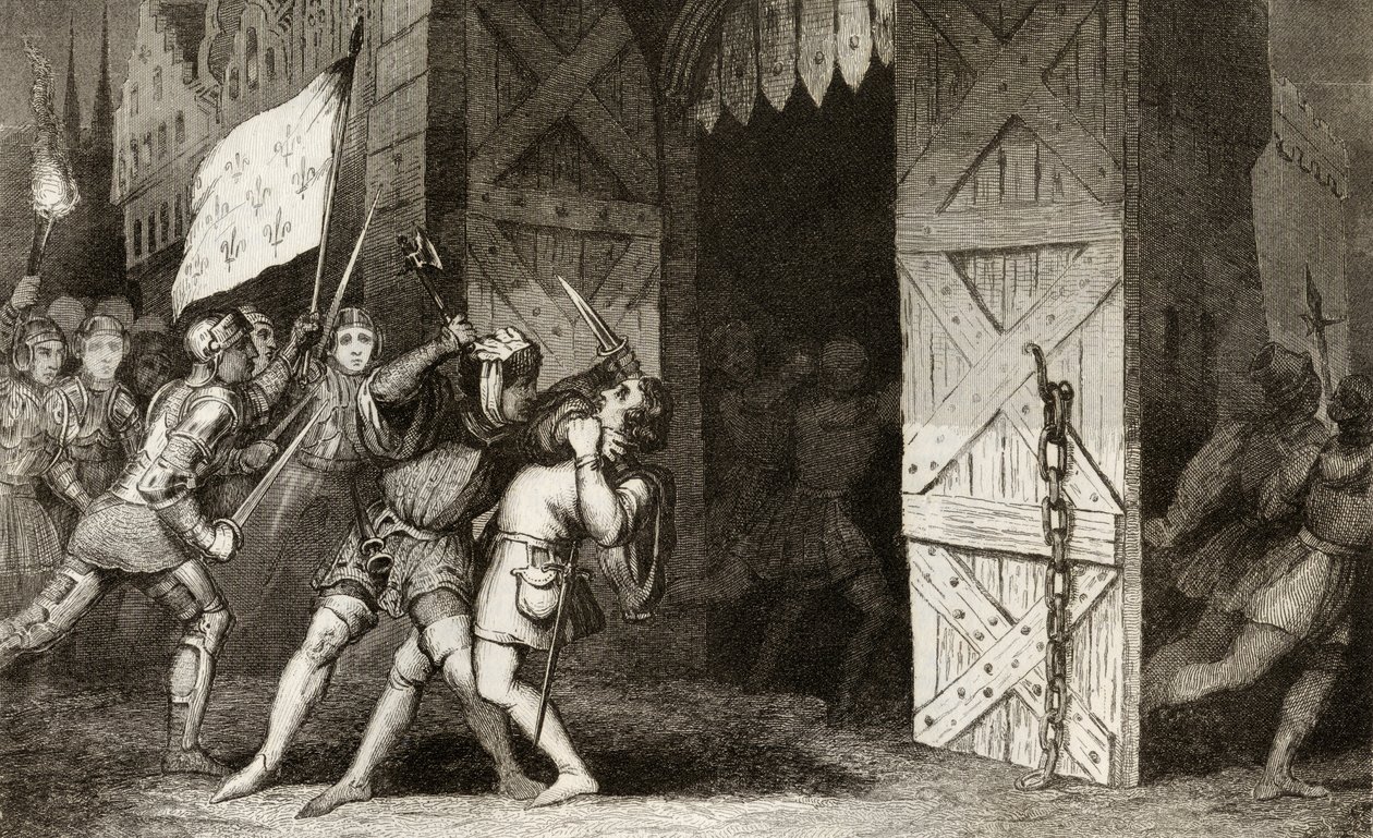 Franske riddere angriber en engelsk holdt by under 100 års krigen, fra 
