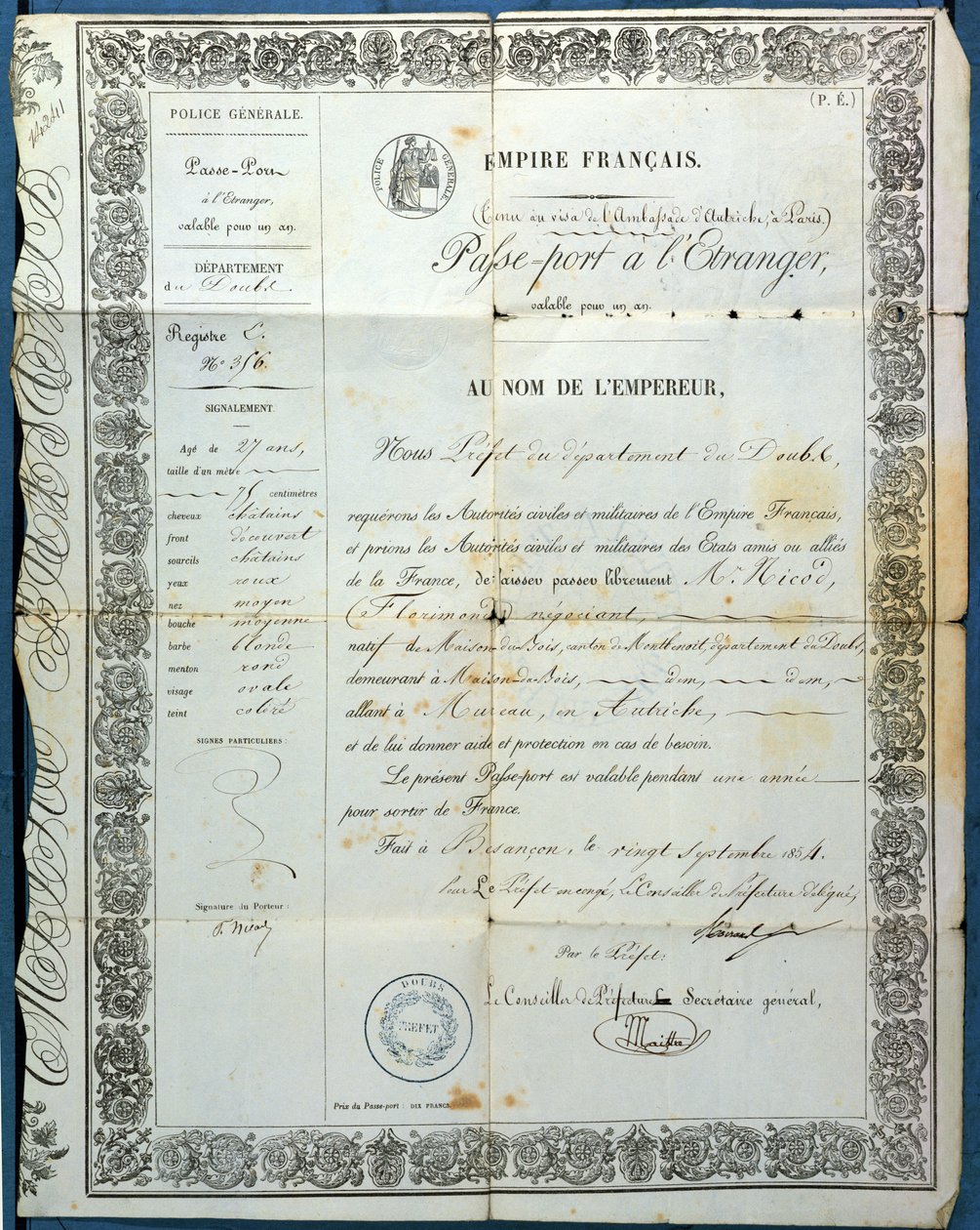 Fransk pas, fra Besancon, 20. september 1854 af French School