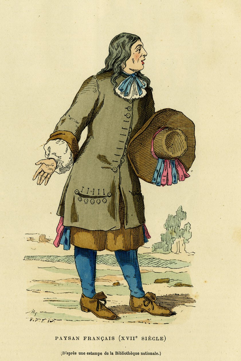 Fransk bondedragt i 1700-tallet. Indgravering i farver efter et tryk af nationalbibliotheket, i "France et les francais a travers les centuries" af Augustin Challamel, F.Roy redaktør, Paris 1882. Selva Collection. af French School