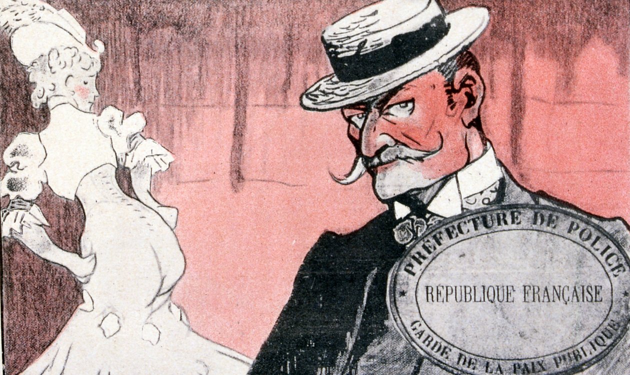 Fransk politi undersøger en prostitueret, inden hun arresteres. 1800-tallets Frankrig. Fransk illustration 1890 af French School