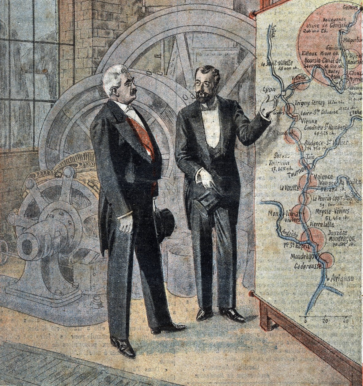 Den franske præsident Millerand og ingeniøren, der planlægger opførelsen af vandkraftværker på Rhône-floden Illustration fra "Le pelerin" april 1921 af French School