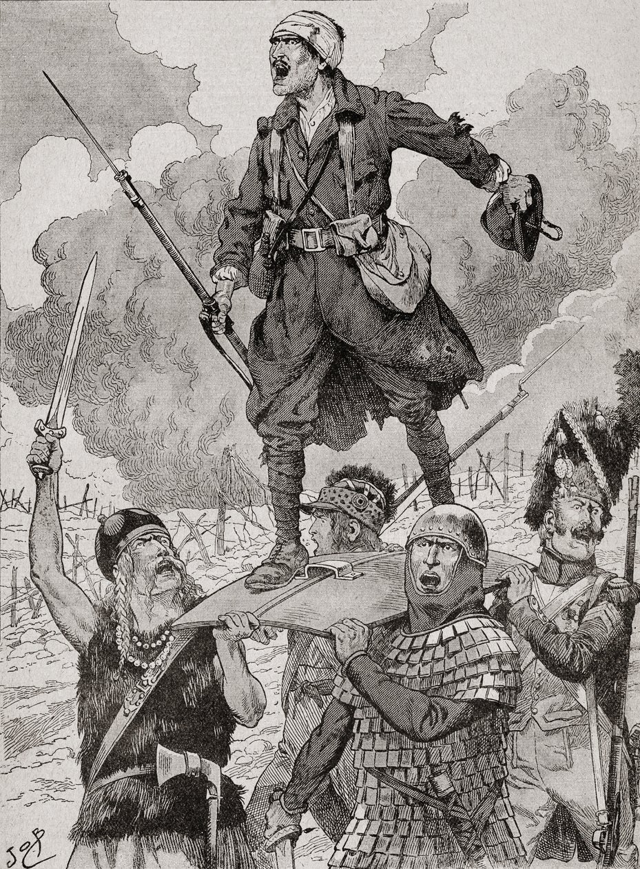 Fransk propagandaplakat med titlen "On Les Aura", eller vi vil have dem. Fire soldater fra forskellige historiske perioder bærer en såret, men trodsig soldat fra Første Verdenskrig på et skjold. Fra Agenda Buvard du Bon Marche udgivet 1917. af French School