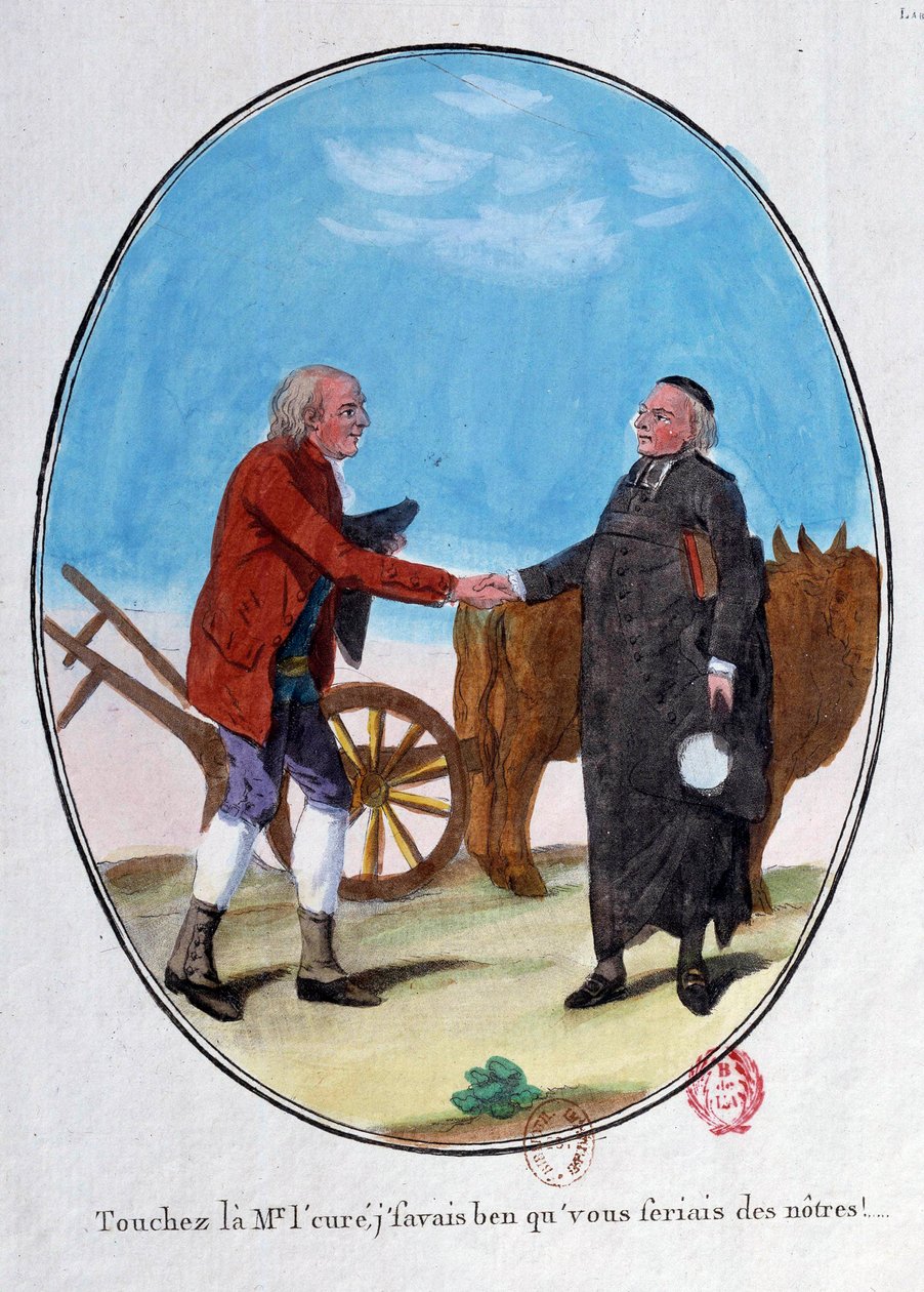 Fransk revolution: en bonde og en præst giver hinanden hånden. "Rør på herren, jeg vidste, du ville være en af os." Tegneseriestik fra slutningen af det 18. århundrede. Paris, Arsenals bibliotek af French School