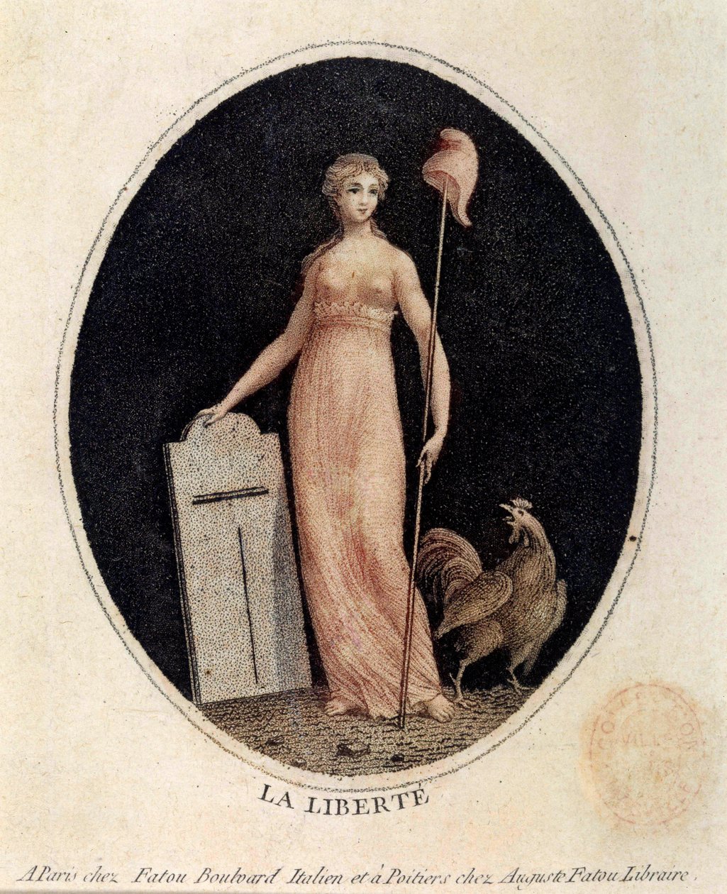 Fransk revolution: allegori om frihed under en kvindes træk, der bærer en frygisk kasket på et spyd, med en hane ved hendes fødder. Tryk fra slutningen af det 18. århundredes Paris, Musee Carnavalet af French School