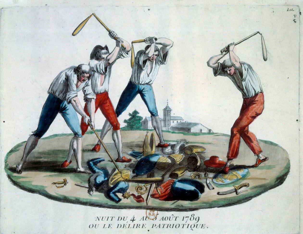 Fransk revolution: allegori om natten den 4/08/1789, hvor de feodale privilegier og rettigheder blev afskaffet. Medlemmer af Patriot-folket ødelægger symbolerne på adel, præster og rustninger. Stik fra 1789. Paris, Arsenals bibliotek af French School