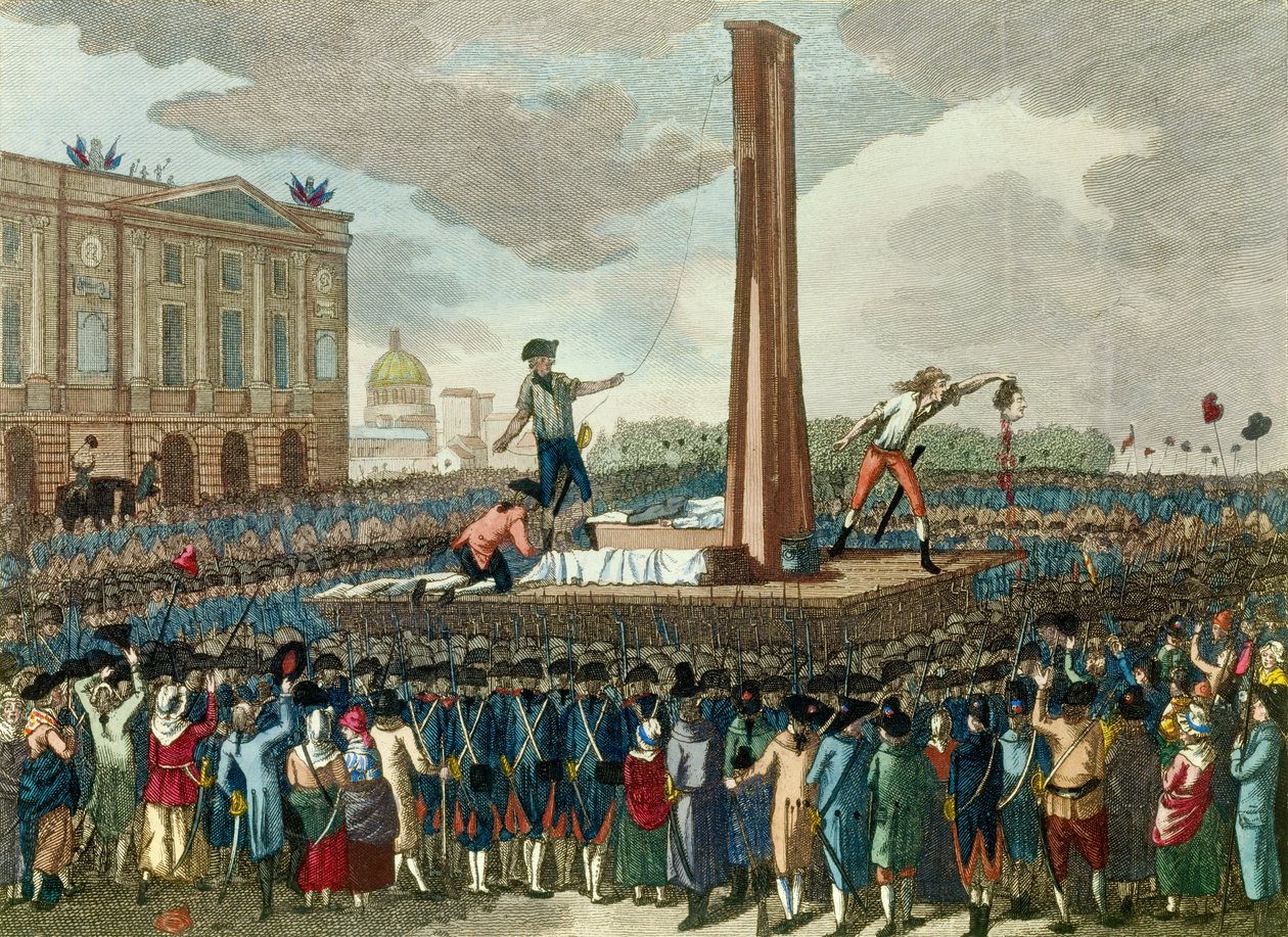 Den franske revolution: henrettelse i guillotinen af kong Ludvig XVI (1754-1793), bødlen præsenterer hans afskårne hoved. Stik efter tegning af Fious. Det 18. århundrede. Paris, Musee Carnavalet af French School