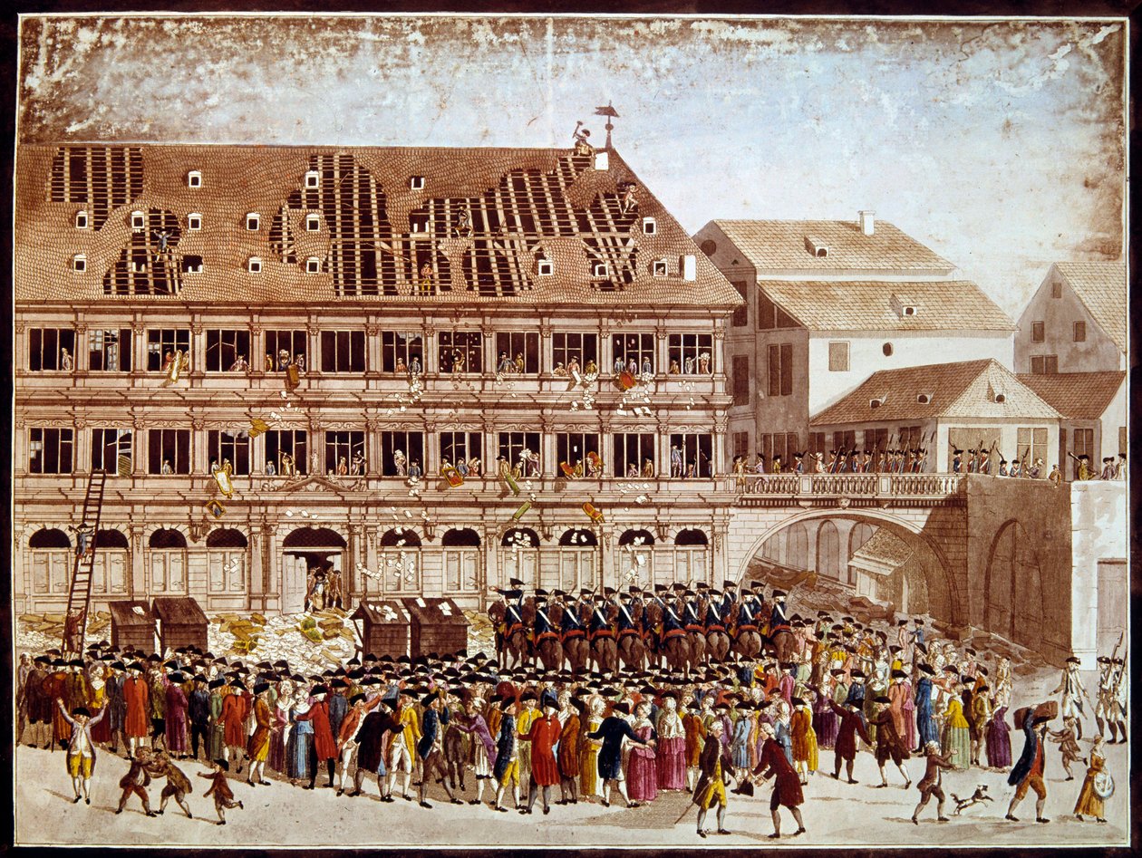 Fransk revolution: plyndring af Strasbourgs rådhus den 20/07/1789. Anonym print. Paris, B.N. af French School