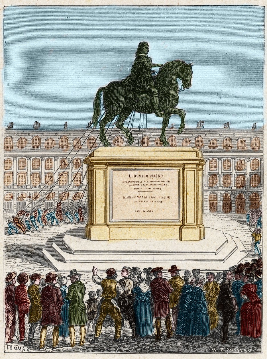 Fransk revolution: væltning af statuen af kong Louis XIV (1643-1715), Place Vendome i Paris af French School