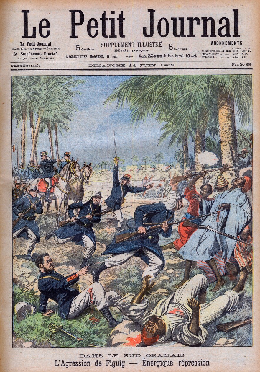 Franske soldater angriber marokkanske banditter, der truer deres interesser i Sud Oranais, Algeriet, ved oasen Figuig, Marokko - periode du protectorate francais L
