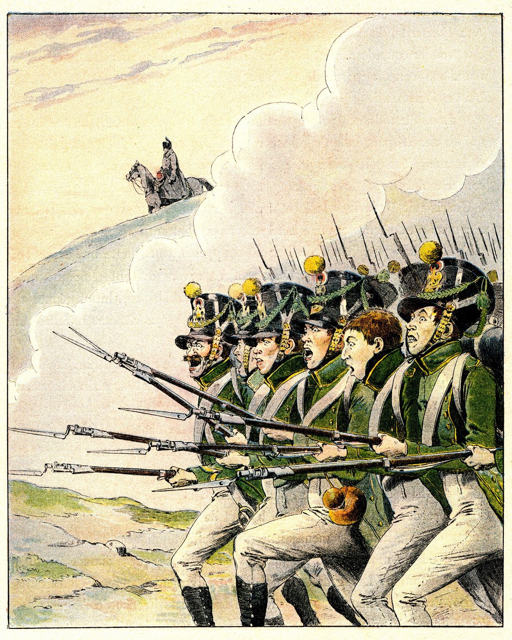 Franske soldater under slaget ved Waterloo (farve litho) af French School