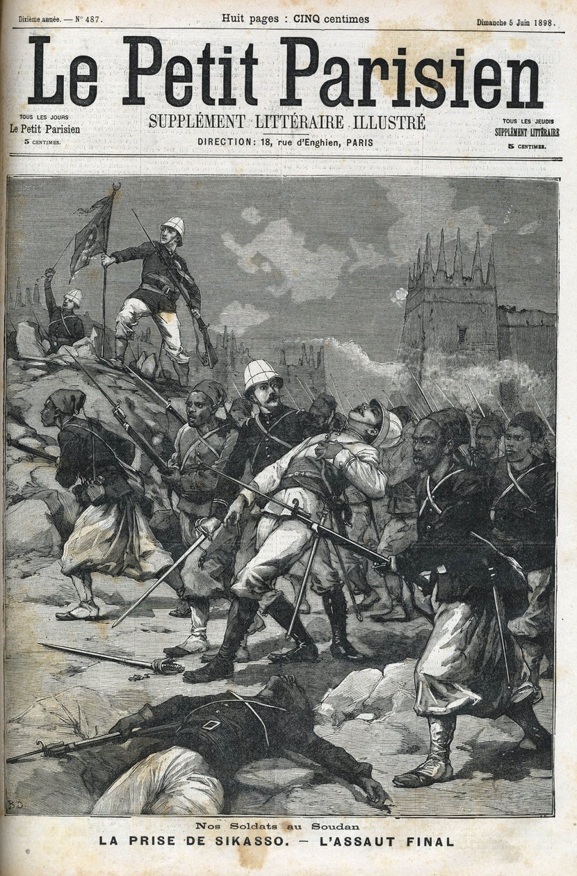 Franske soldater i Sudan: maj 1898. Sack of Sikasso af oberst Audeoud (Sudan). Tilfangetagelsen af Sikasso. Cover af "" Le petit parisien""" fra juni 1898. af French School