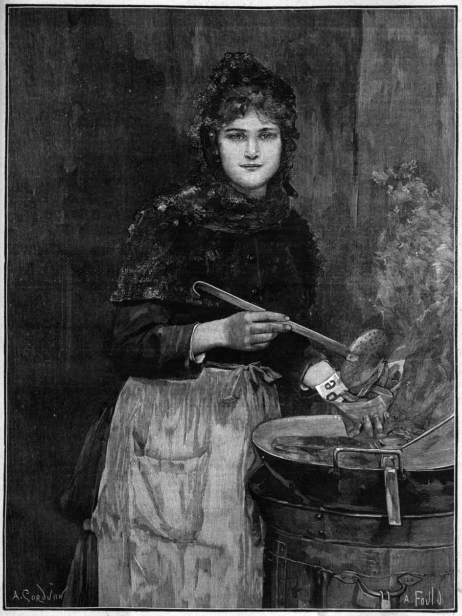 Stegte kartoffelhandler; 1888 gravering fra Achilles Foalds maleri. af French School