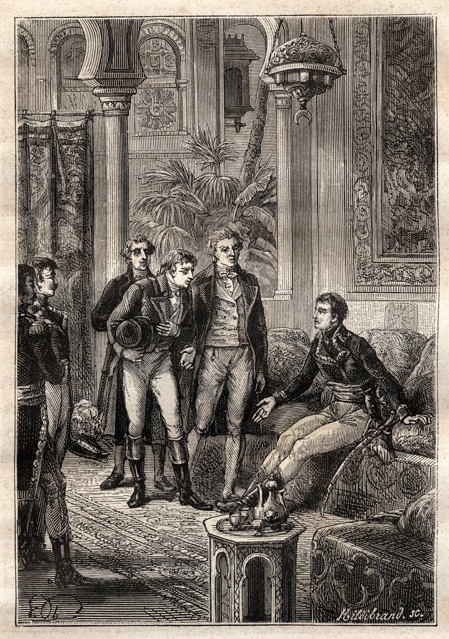 Friedrich Konrad Hornemann (1772-1801) mødte Napoleon Bonaparte i Kairo i 1797 i nærværelse af Gaspard Monge (1746-1818) og Claude Louis Berthollet (1748-1822) - illustration hentet fra "The Great Mariners of the 18th century" af French School