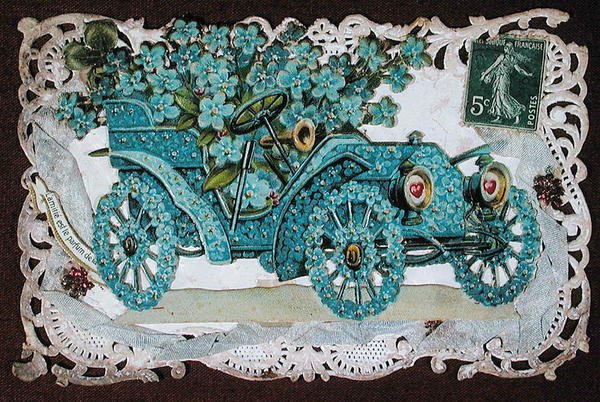 Venskabslykønskningskort, der viser en bil dækket af blomster, tidligt i det 20. århundrede (farve litho)_ af French School