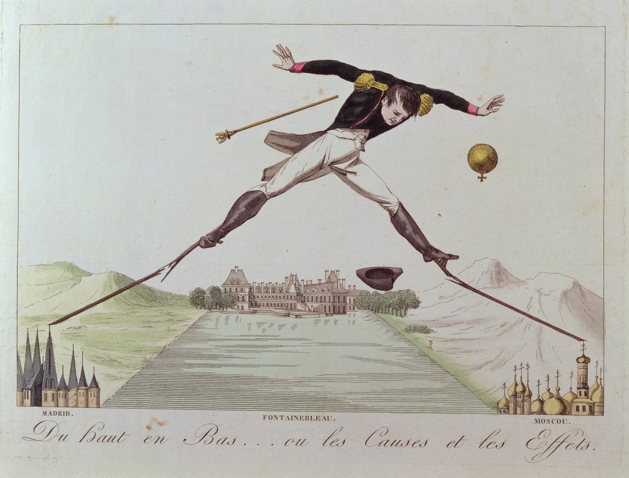 Fra høj til lav... eller årsagerne og virkningerne, karikatur af Napoleons udenrigspolitik, ca. 1814 af French School