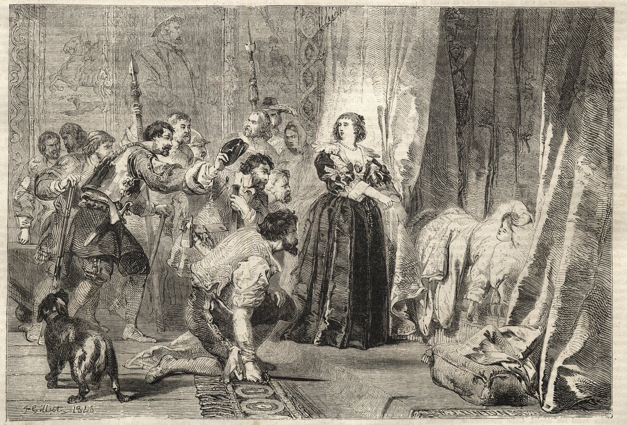 Fronde - Folket kræver at se kongen: Paris, Palais Royal, 9. februar 1651 - Fronde: natten til 9. februar 1651, på Palais Royal, viser Anne af Østrig (1601-1666) Ludvig XIV, kendt som Le Kong Soleil (Kong Soleil eller Ludvig den Store af French School