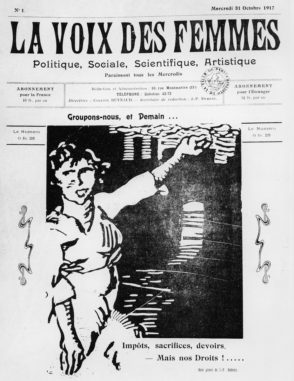 Forside af La Voix des Femmes, udgivet i Paris, oktober 1917 (trykt papir og træsnit) af French School