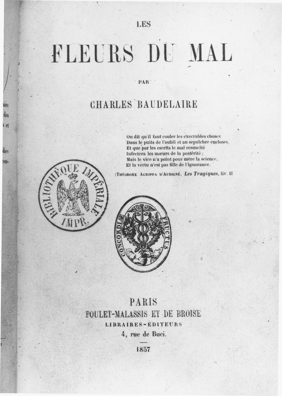 Forside af den første udgave af Les Fleurs du mal af Charles Baudelaire (1821-67) udgivet af Poulet-Malassis et de Broise, 1857 af French School