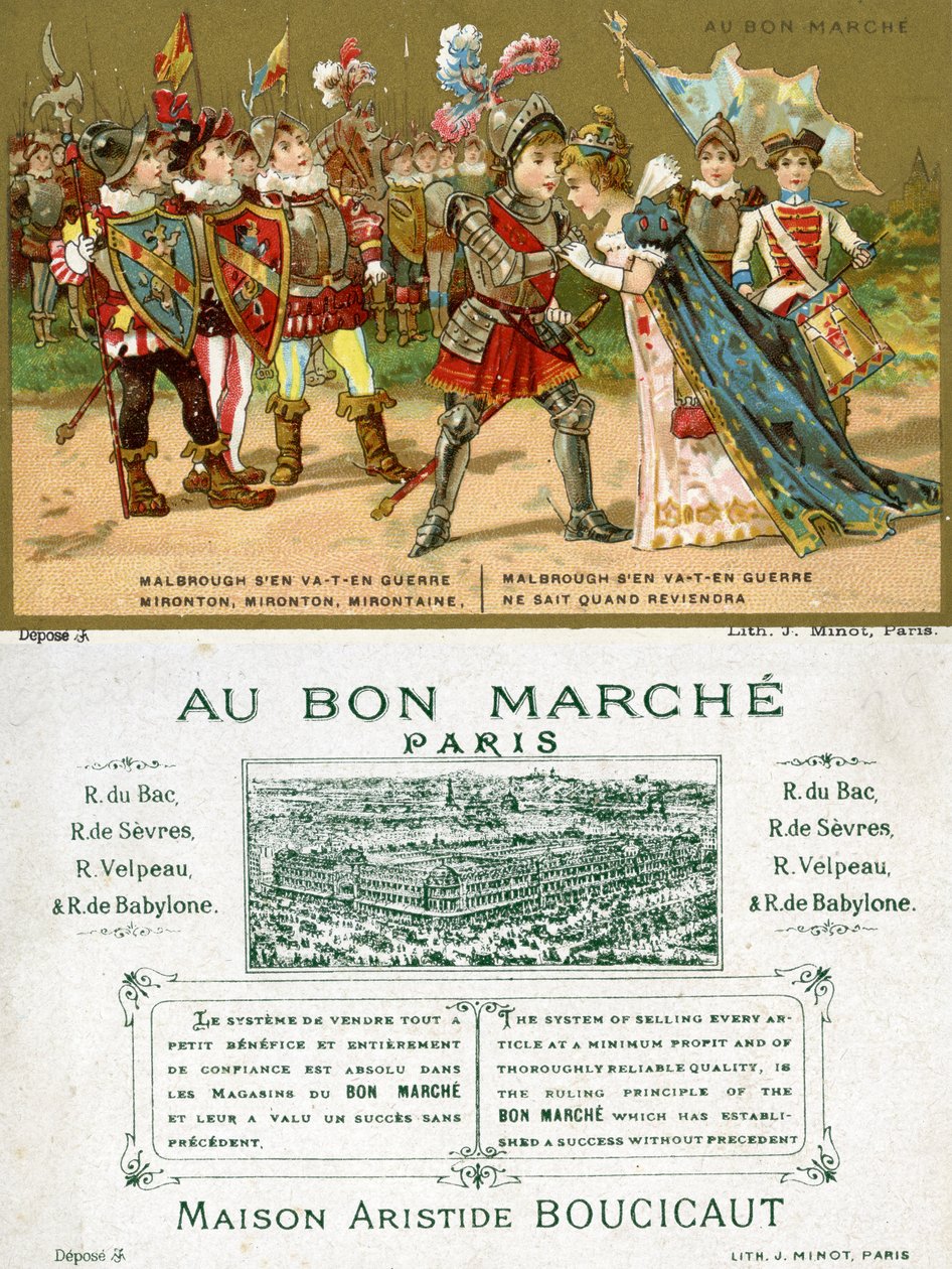For- og bagside af et salgsfremmende kort til det parisiske stormagasin Au Bon Marché, der viser en af de mest populære folkesange på det franske sprog, Marlbrough sen va-t-en guerre (Marlborough af French School