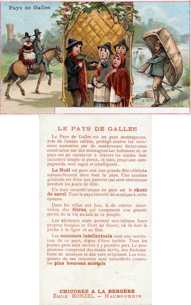 For- og bagside af et salgsfremmende kort til drinken Chicorée à la Bergère med skildringer af livet i Wales, ca. 1890 (se også 488433) af French School