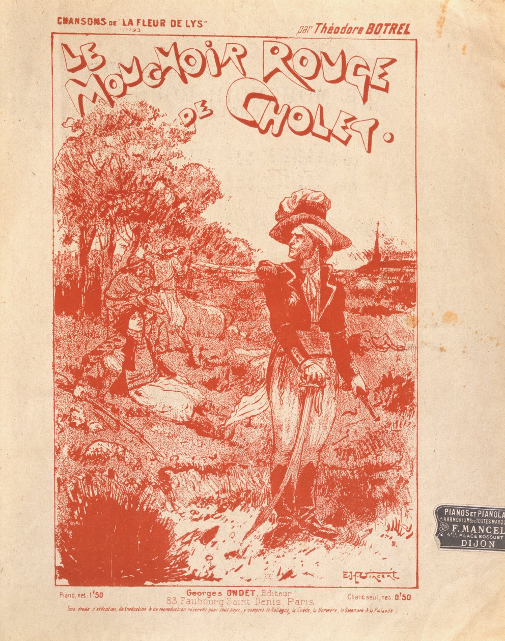 Forside til partituret til sangen Le Mouchoir Rouge de Cholet, skrevet og komponeret af Theodore Botrel af French School