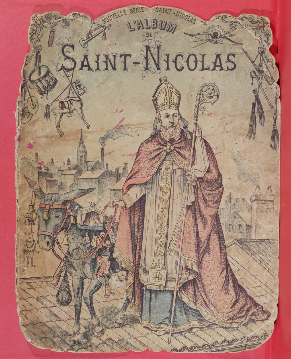 Forside på et billedalbum, der viser Skt. Nicholas, der bringer gaver til børnene, sent i det 19. århundrede (farvegravering) af French School