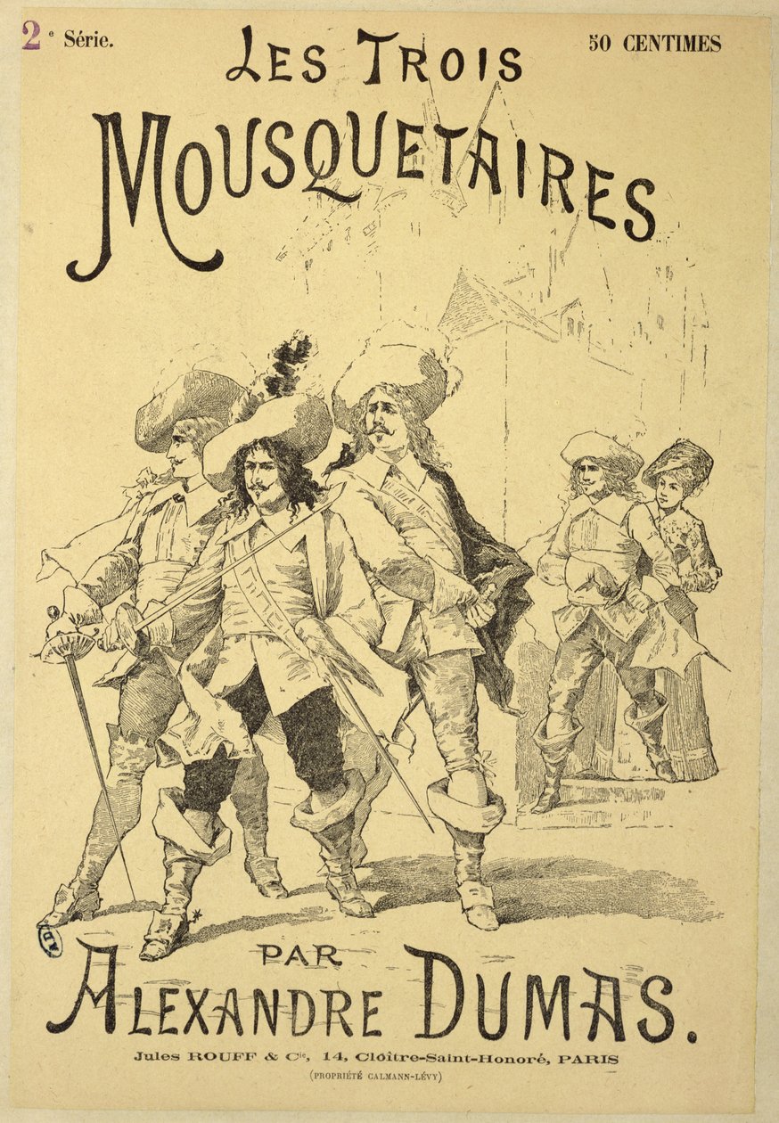 Forside af en serialisering af De tre musketerer af Alexandre Dumas pere (1803-70) sidst i det 19. århundrede af French School