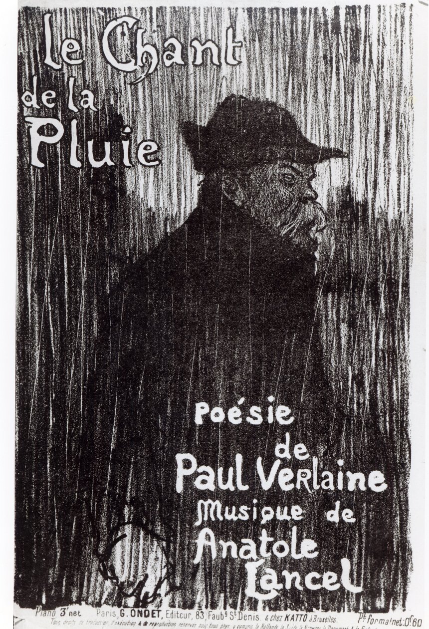 Forside af nodemusikken Le Chant de la pluie, fra et digt af Paul Verlaine, 1844 af French School