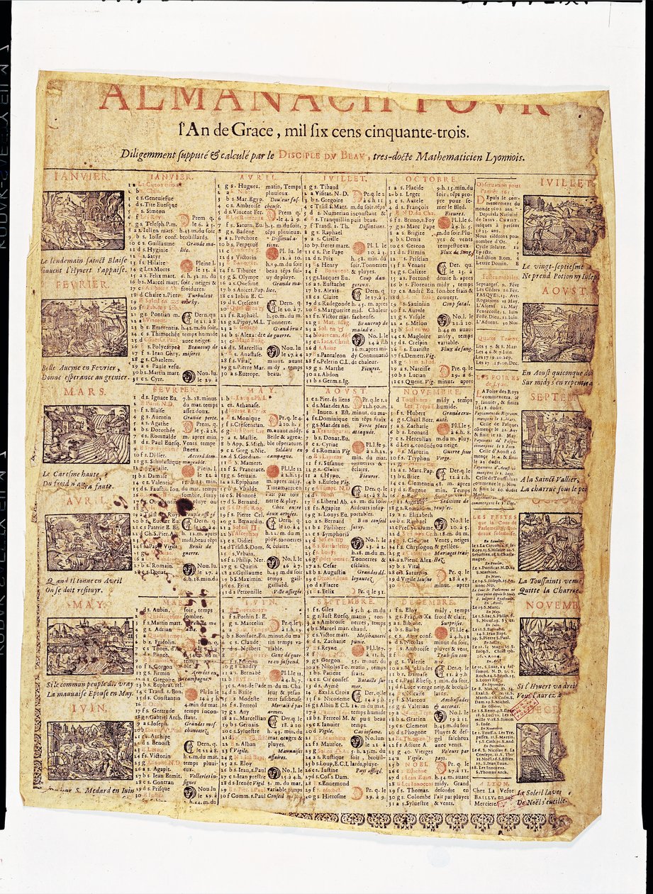 Forside af en almanach for 1653 (blæk på papir) af French School