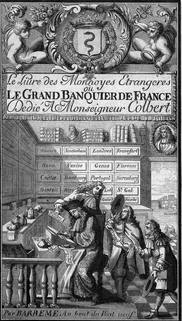 Frontispice af "Bogen over fremmede valutaer eller Frankrigs store bankmand" (1687) af Francois Barreme (1638-1703), fransk matematiker. Den pen-skrivende karakter er sandsynligvis et portræt af forfatteren. Gravering i ""The Picturesque Store"" af French School