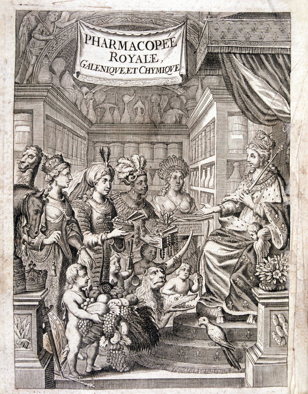 Frontispice af "" Pharmacopoeia royal, galenic and chymic"" af Morse Charas, Apotek i Royal Garden of Plants i Laurent d
