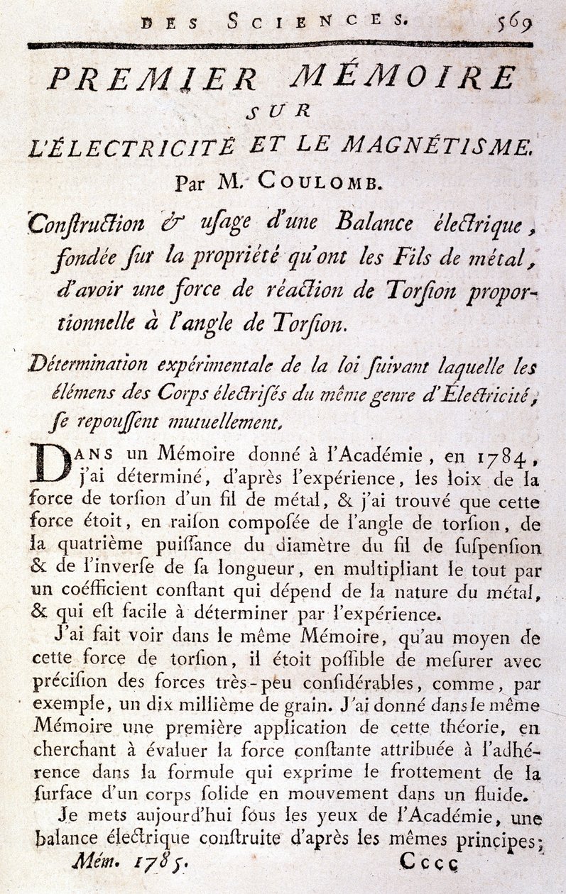 Frontispice af bogen "" First memoir on electricity and magnetism"" af Coulomb af French School