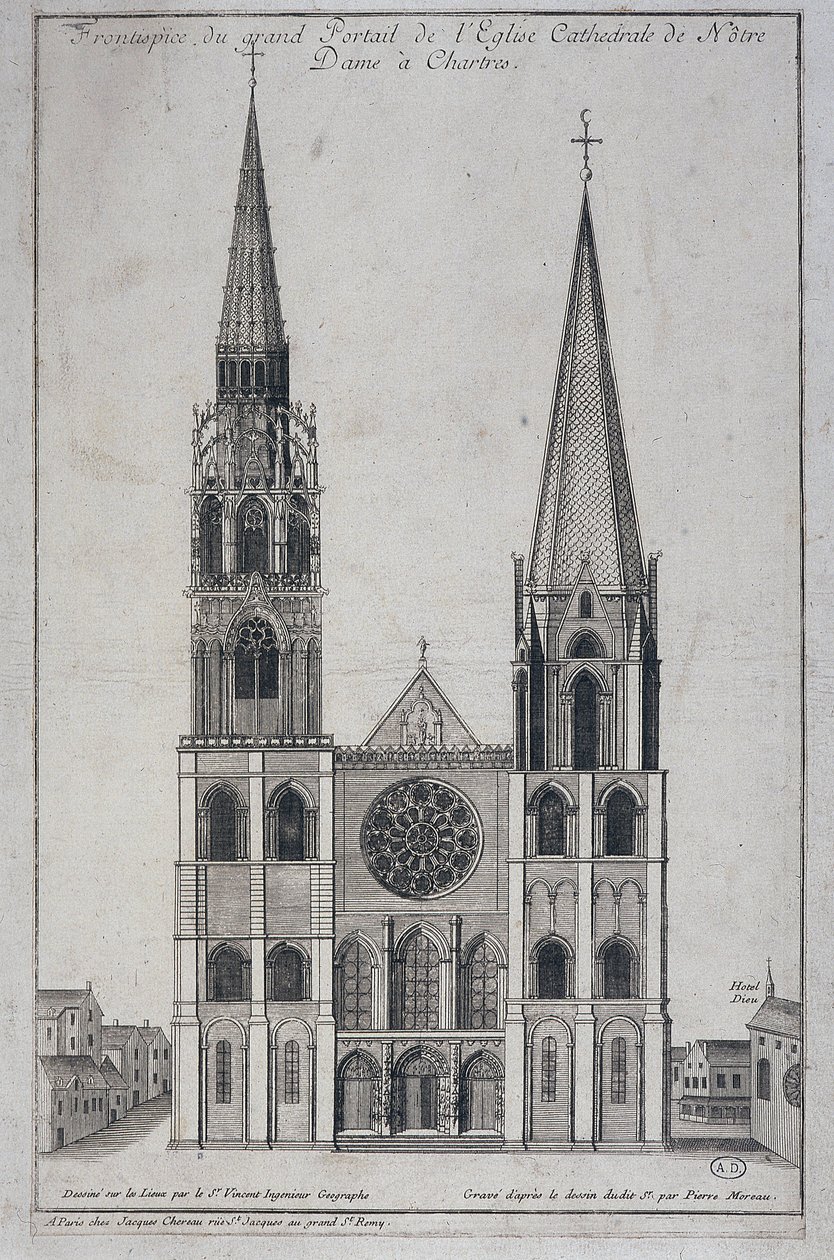 Frontispice af den store portal til Church Cathedrale de Notre Dame à Chartres, designet på stedet af Saint Vincent Geographer Engineer, sd. 19. århundrede af French School