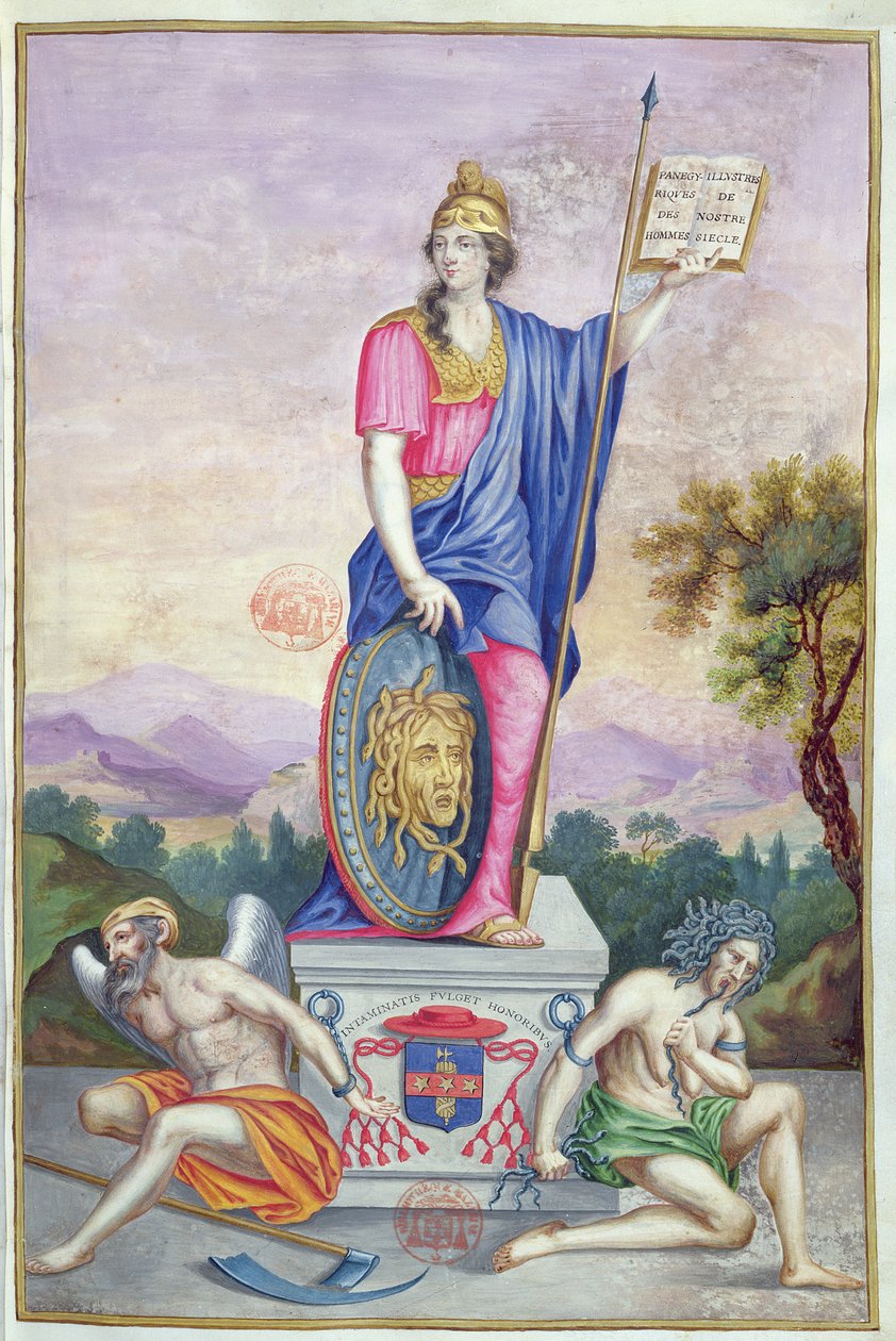 Frontispice allegorisk illustration af gudinden Minerva fra Les Panegyriques des Hommes Illustres de Notre Siecle af Puget de la Serre, 1655 af French School