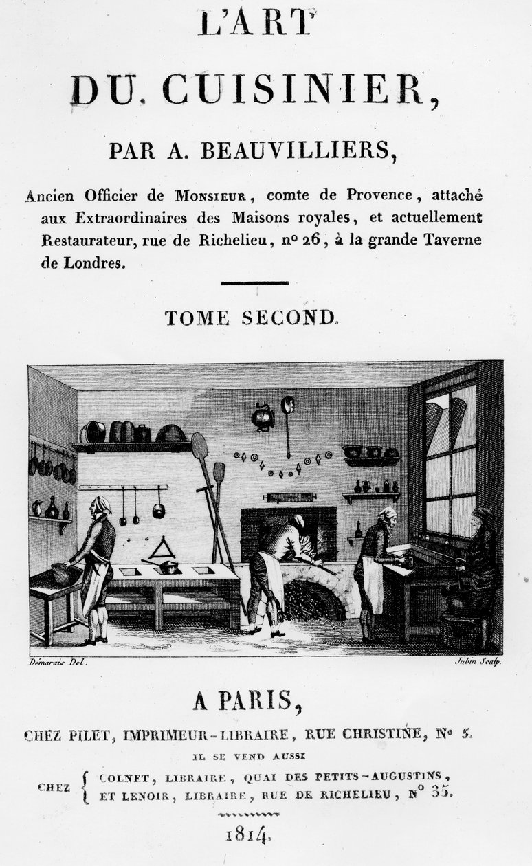 Frontispice fra LArt du Cuisinier af Antoine Beauvilliers, indgraveret af Jubin, udgivet 1814 af French School