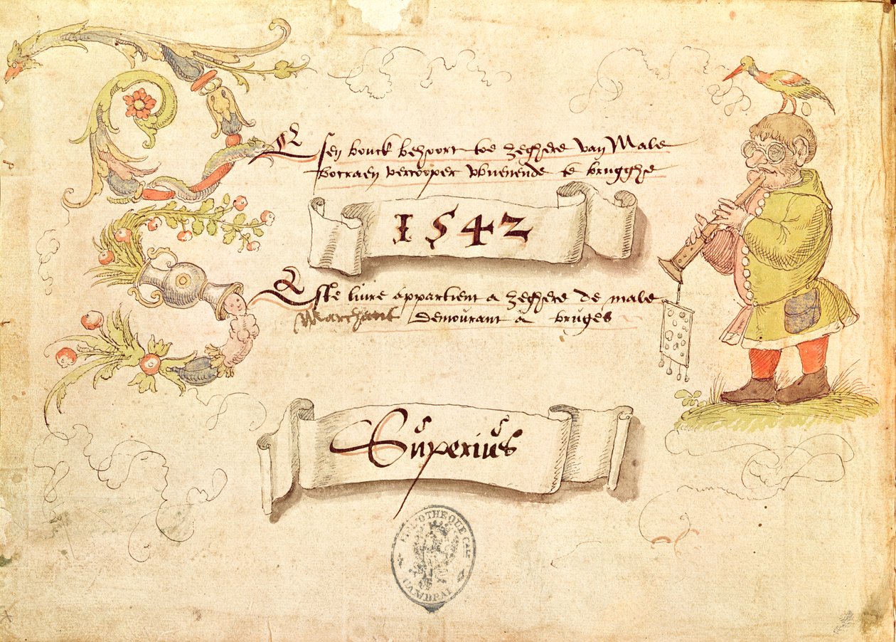 Frontispice fra Recueil de chants religieux et profanes IX forestillende en bebrillet mand, der spiller et blæseinstrument med en fugl på hovedet, 1542 af French School
