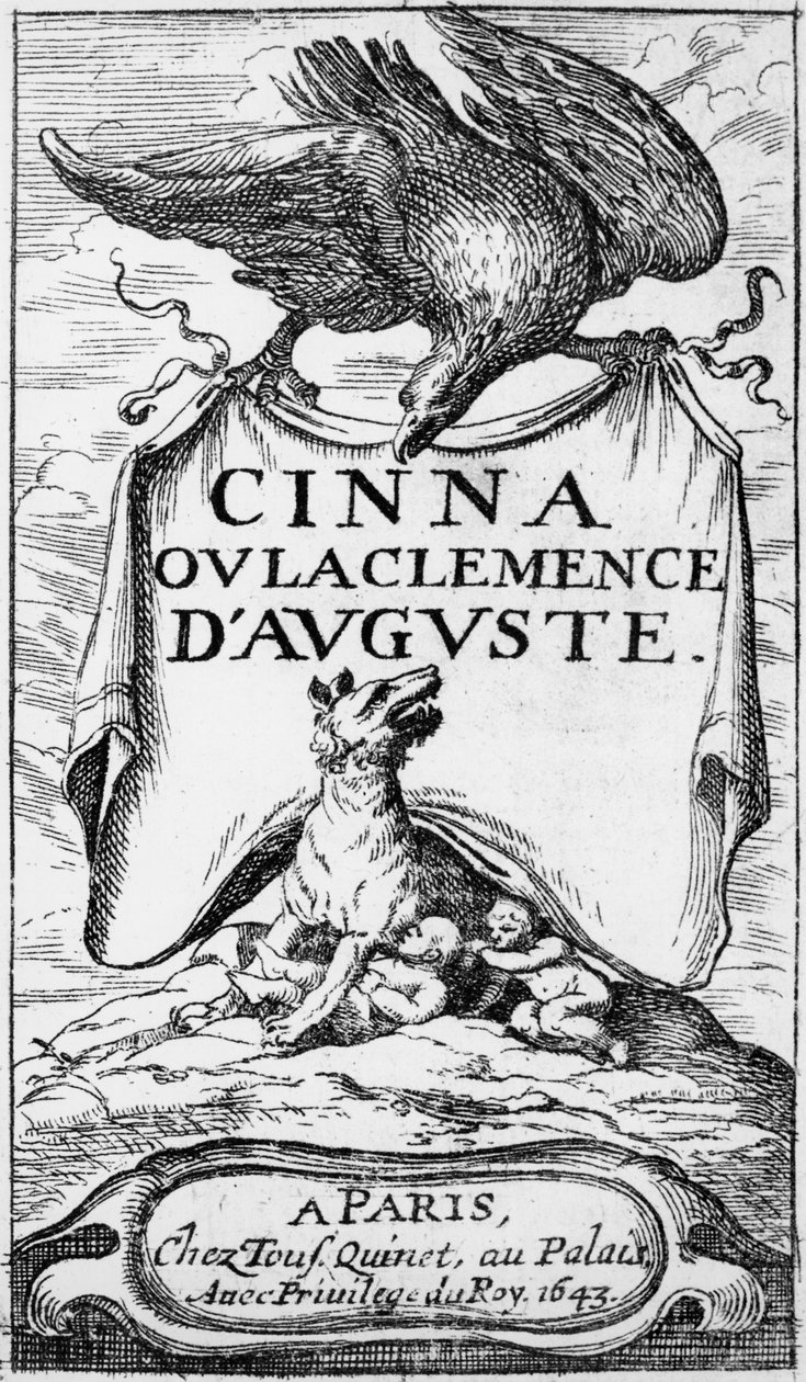 Frontispice af Cinna ou la Clemence dAuguste af Pierre Corneille (1606-84) udgivet i 1643 af French School
