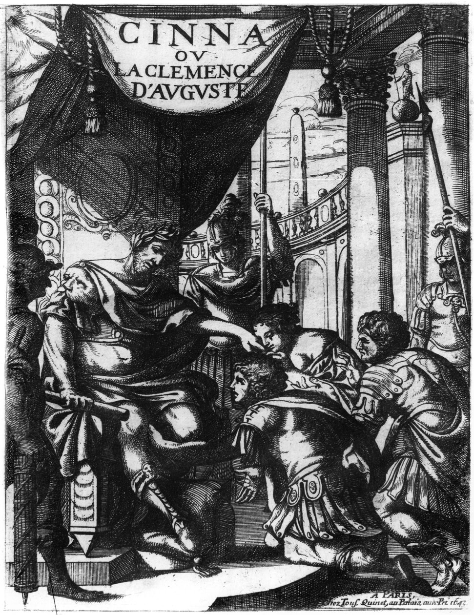 Frontispice af Cinna ou la Clemence dAuguste af Pierre Corneille (1606-84) udgivet i 1643 af French School